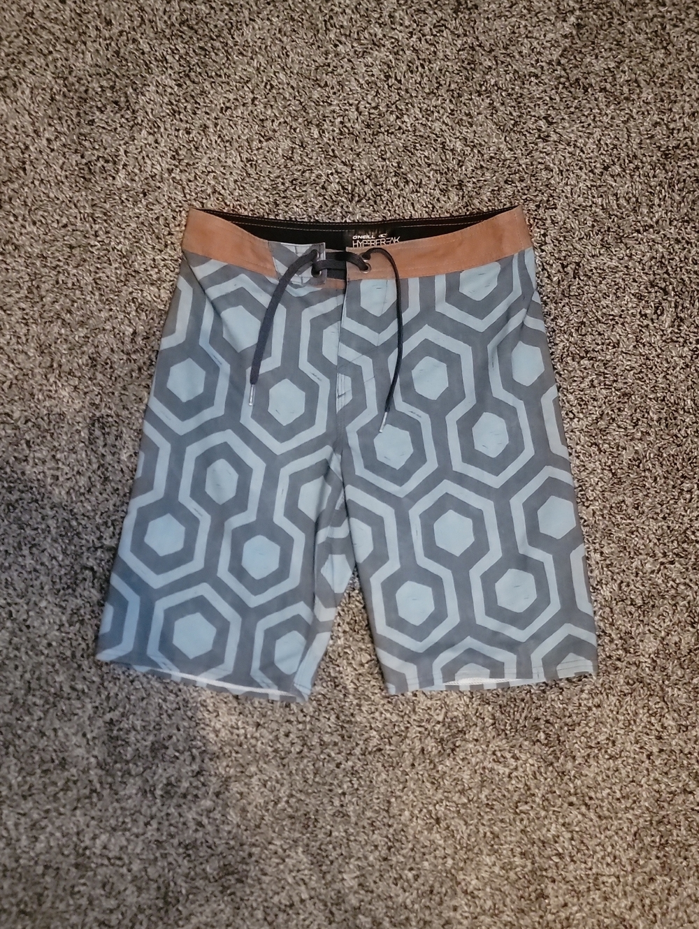 Men's Oneill Gray/Blue Hex Pattern Swim Board Shorts with Tan Waistband